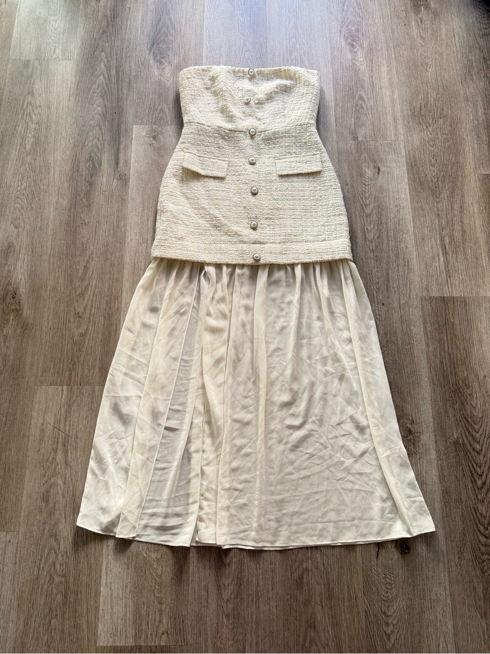 line & dot off white tweed mixed media button front strapless midi dress small